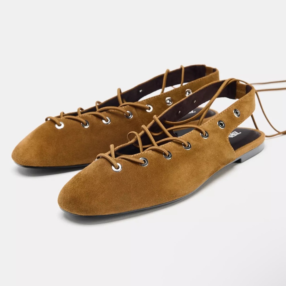 NWT ZARA SUEDE TIED SLINGBACK SHOES IN DARK TAN
